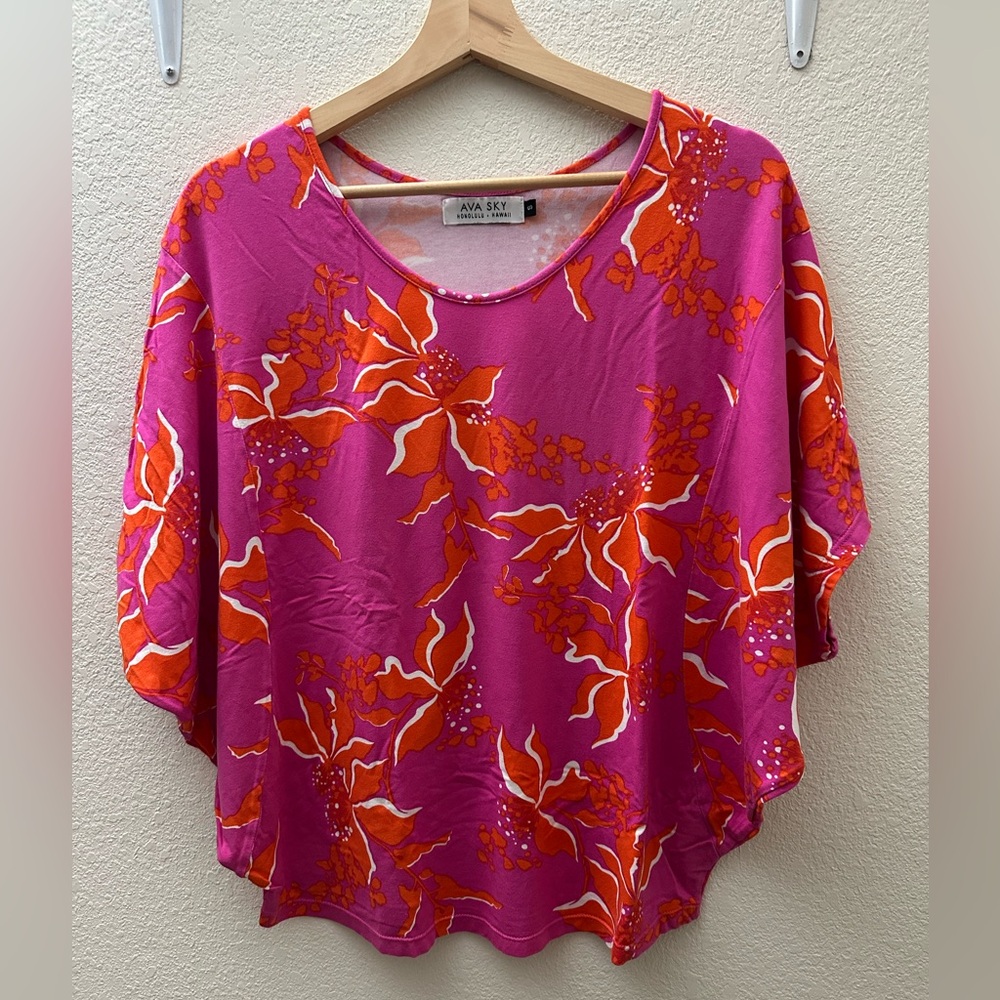 Ava Sky Fighting Eel Fuchsia Pink & Orange Floral Sleeve Blouse
